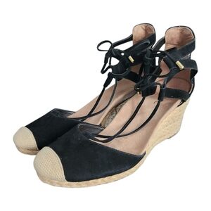 Vionic Calypso Black Suede Lace Up Espadrille Comfort Wedge Sandals US 10